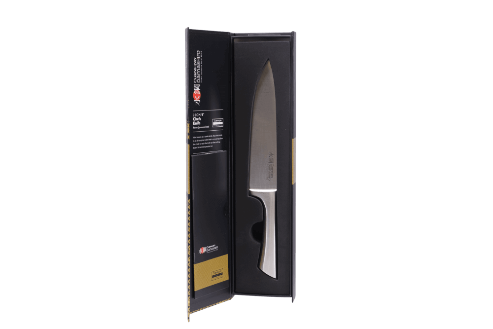 Cuisine::pro® Damashiro® 20cm Chefs Knife in packaging crafted from Japanese Steel 420J2, ice-hardened for superior blade strength