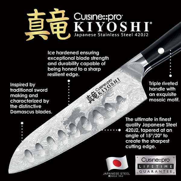 Cuisine::pro KIYOSHI Japanese Stainless Steel Knife showcasing blade details and Dragon Insignia, featuring traditional Damascus design.