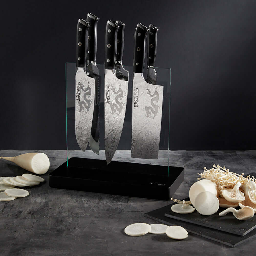 Cuisine::pro KIYOSHI Kiyo 7 Piece Japanese Knife Block with Dragon Insignia on Blades in Sleek Magnetic Block