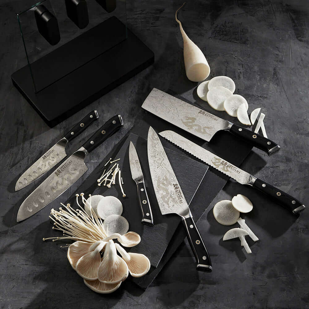 Cuisine::pro® KIYOSHI™ Kiyo 7 Piece Knife Block with stunning Dragon Insignia displayed on knives and sleek magnetic block in a modern kitchen setting