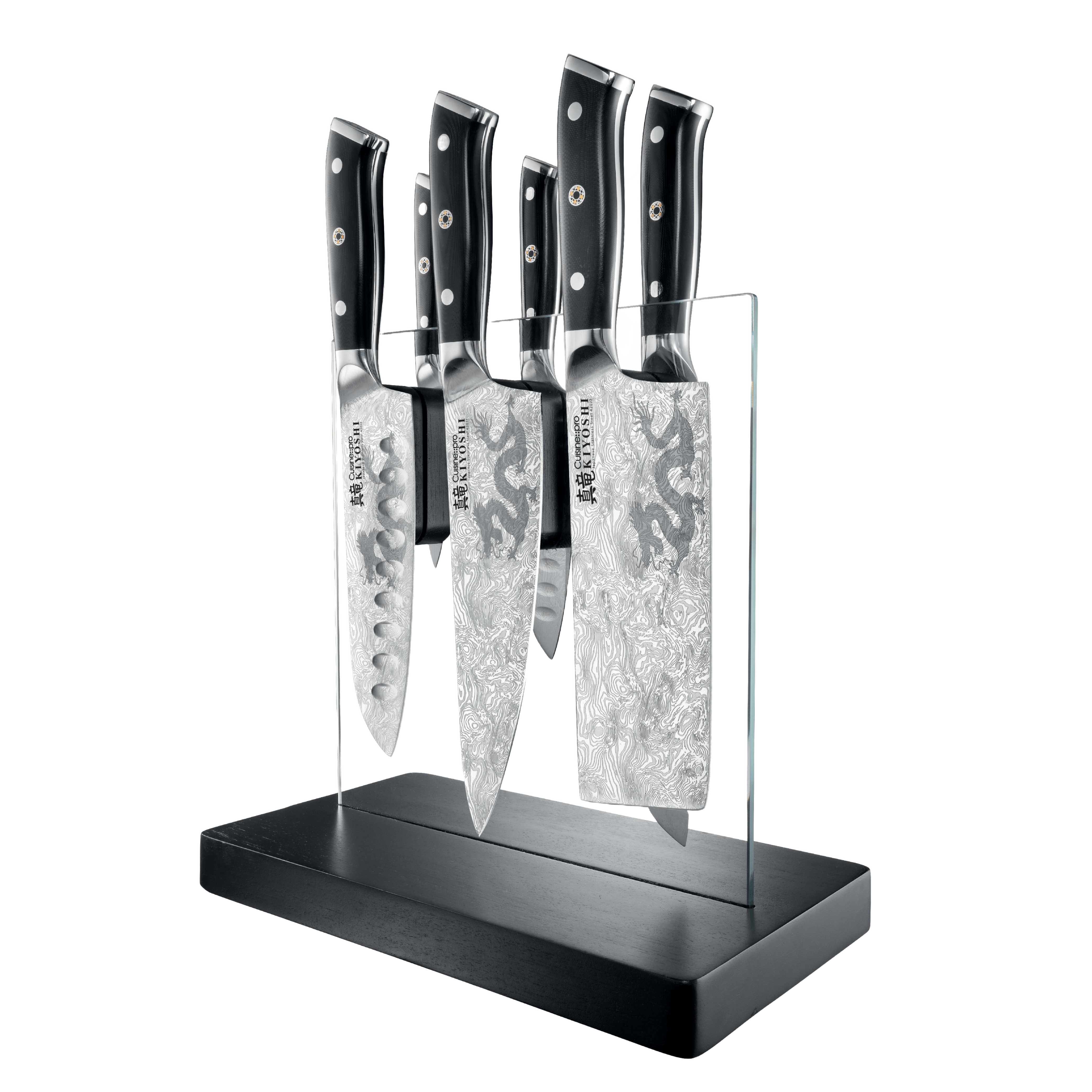 Cuisine::pro® KIYOSHI™ Kiyo 7 Piece Knife Block with Japanese Dragon Insignia Blades in Sleek Magnetic Stand