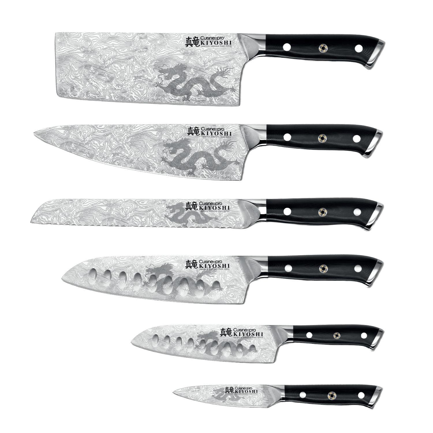 Cuisine::pro® KIYOSHI™ Kiyo 7 Piece Knife Block featuring six precision Japanese knives with Dragon Insignia.