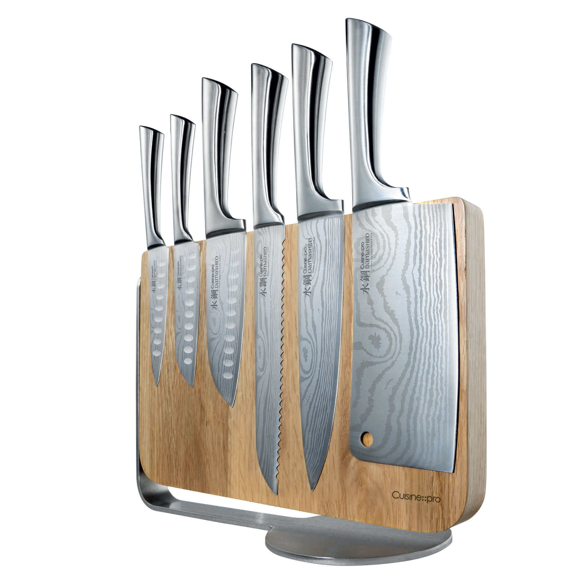 Cuisine::pro® Damashiro® Meiyo 7 piece Knife Block featuring 6 essential Japanese knives in a contemporary wood block for durability and precision.