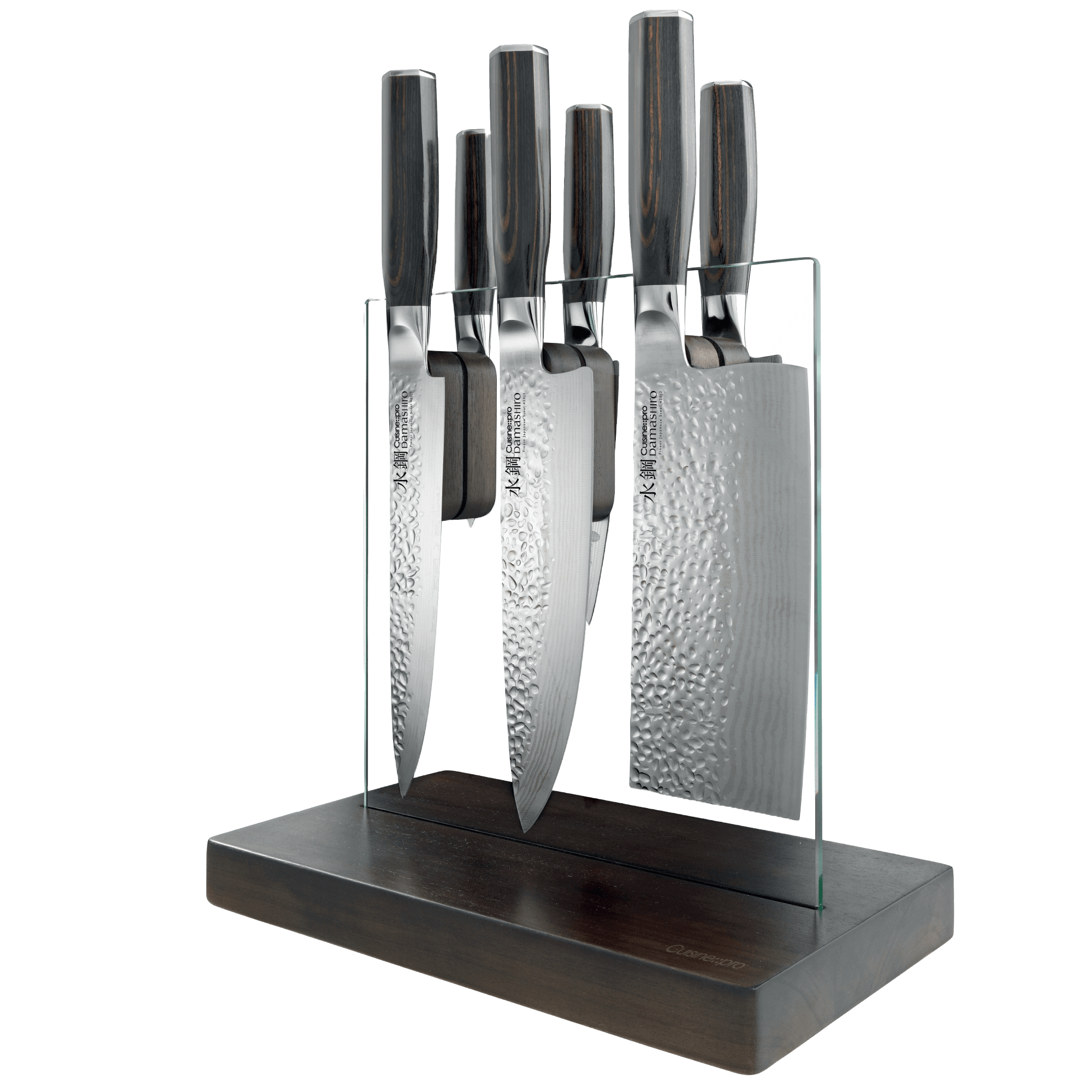 Cuisine::pro® Damashiro® EMPEROR Hikari 7 Piece Knife Block with Japanese blades and Ash wood handles in tempered glass block.