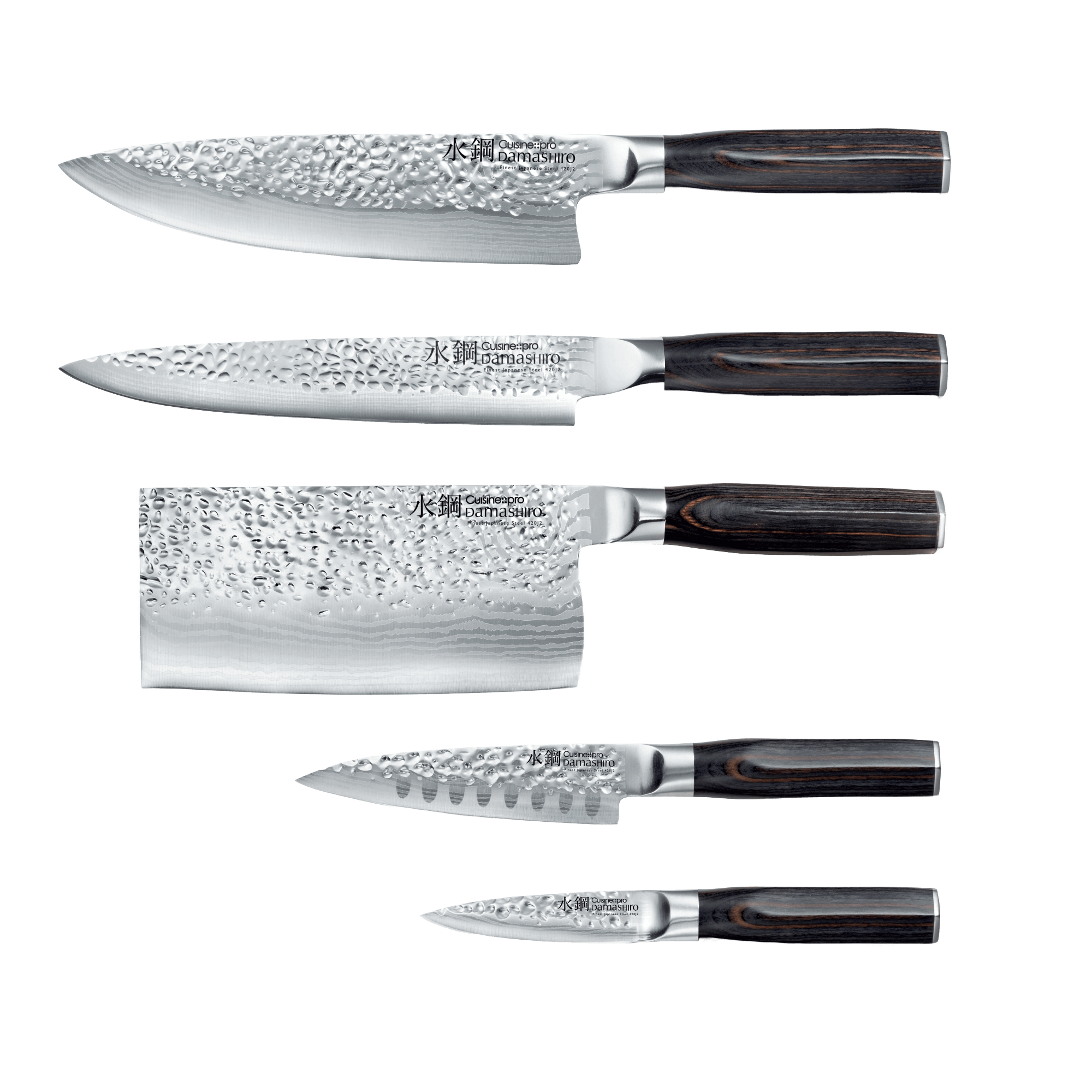 Cuisine::pro® Damashiro® EMPEROR Hikari knives with Ash wood handles on a white background.