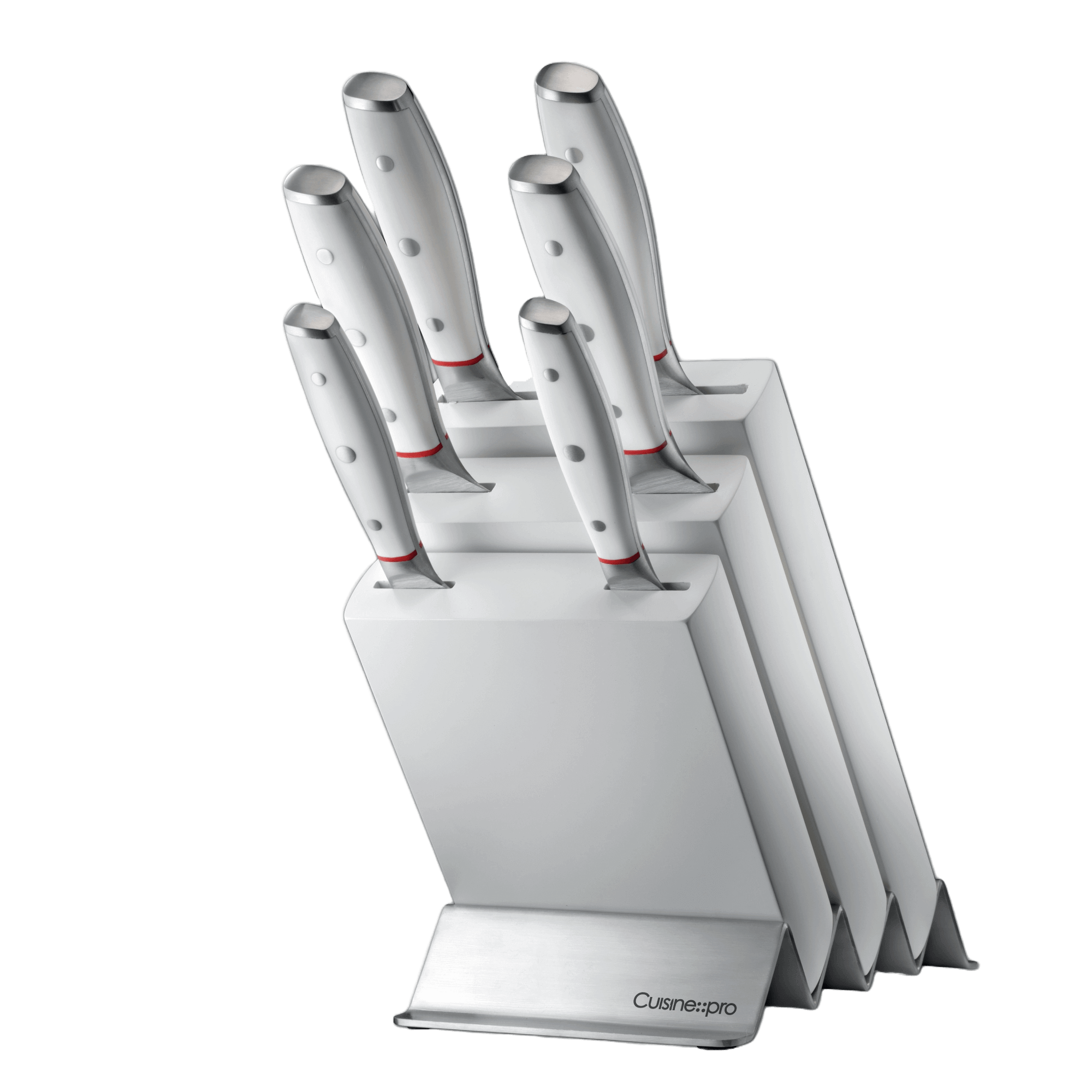 Premium Cuisine::pro® iconiX™ Straub 7 piece knife block with German stainless steel chef knives on display.