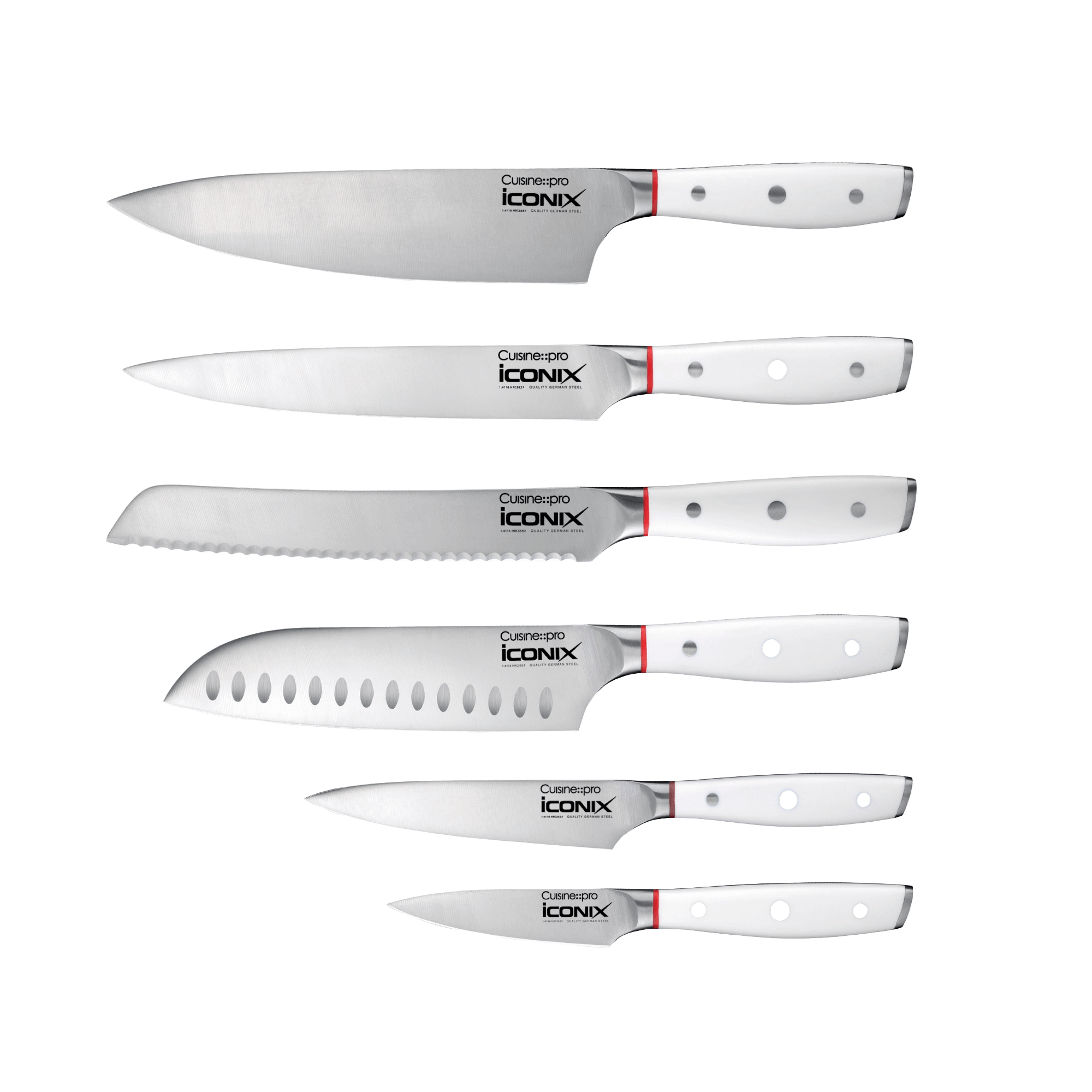 Cuisine::pro® iconiX™ Straub 7 piece knife set showcasing high-quality German stainless steel blades and ergonomic handles.