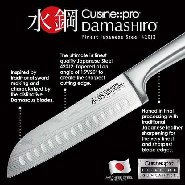 Cuisine::pro Damashiro Chefs Knife made of Japanese Steel 420J2 with lifetime guarantee, featuring distinctive Damascus blades and fine processing.