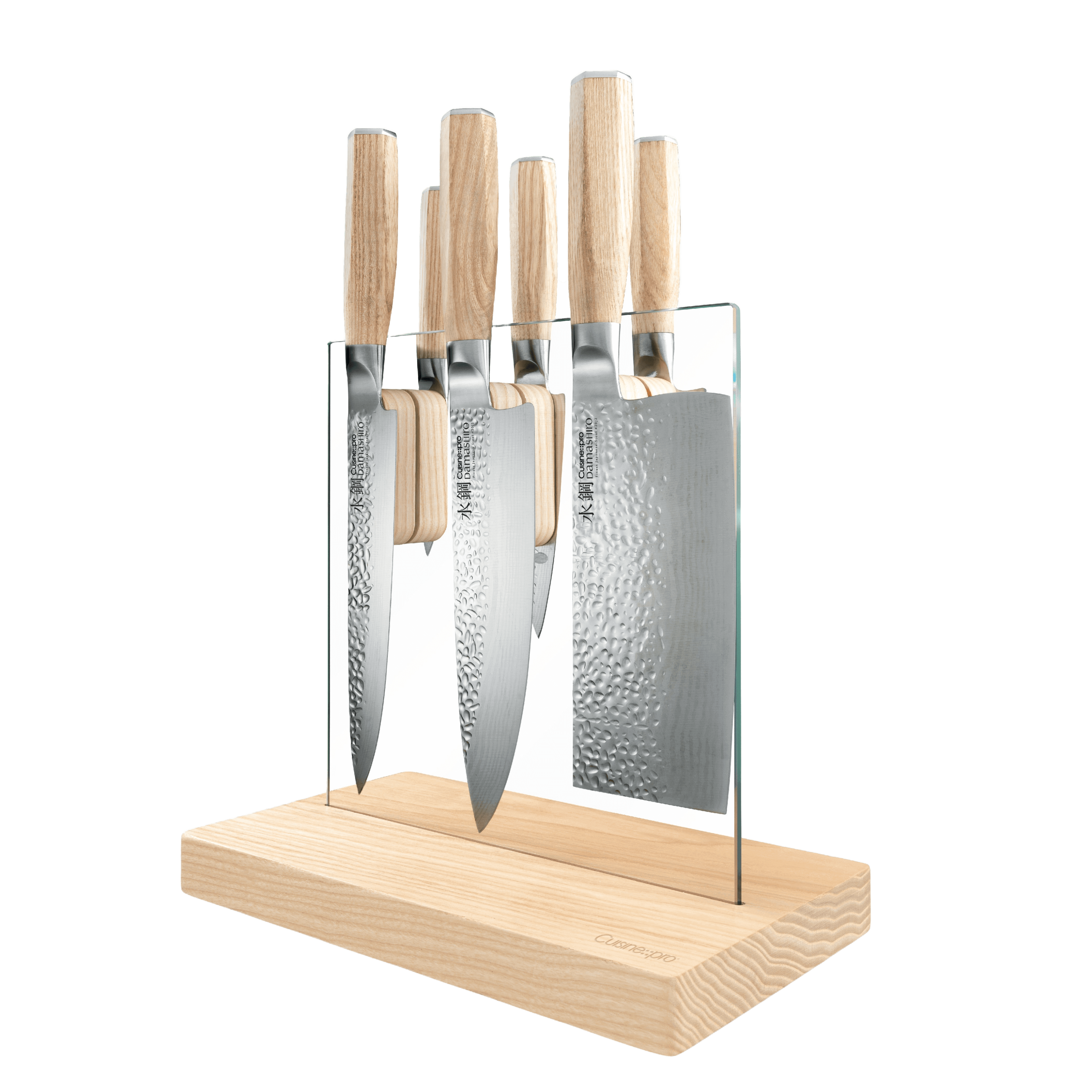 Cuisine::pro® Damashiro® EMPEROR Hikari 7 Piece Knife Block with Ash Wood Handles in Tempered Glass Block