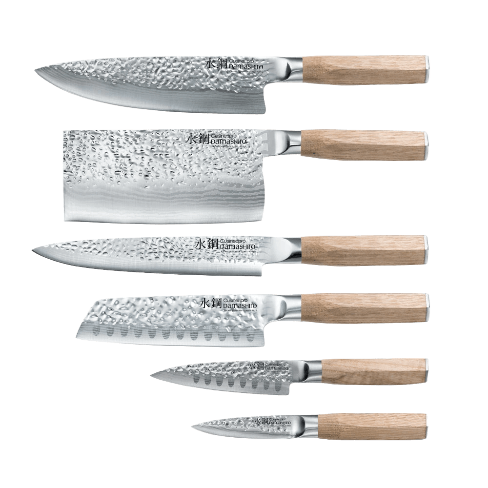 Cuisine::pro® Damashiro® EMPEROR Hikari Knife Block Ash 7 Piece with Japanese blades and Ash wood handles.