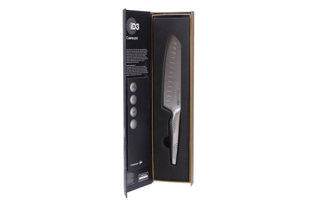 Cuisine::pro® iD3® Santoku Knife 18cm 7in in box showing Japanese steel blade and ergonomic handle