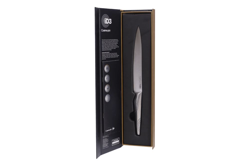 Cuisine::pro® iD3® Carving Knife 20cm 8" with narrow curved blade in packaging crafted from Japanese steel.