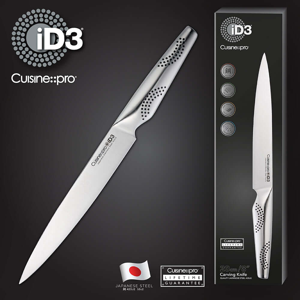 Cuisine::pro iD3 Carving Knife 20cm 8" with packaging, crafted from finest Japanese steel, featuring narrow and curved blade for precise carving