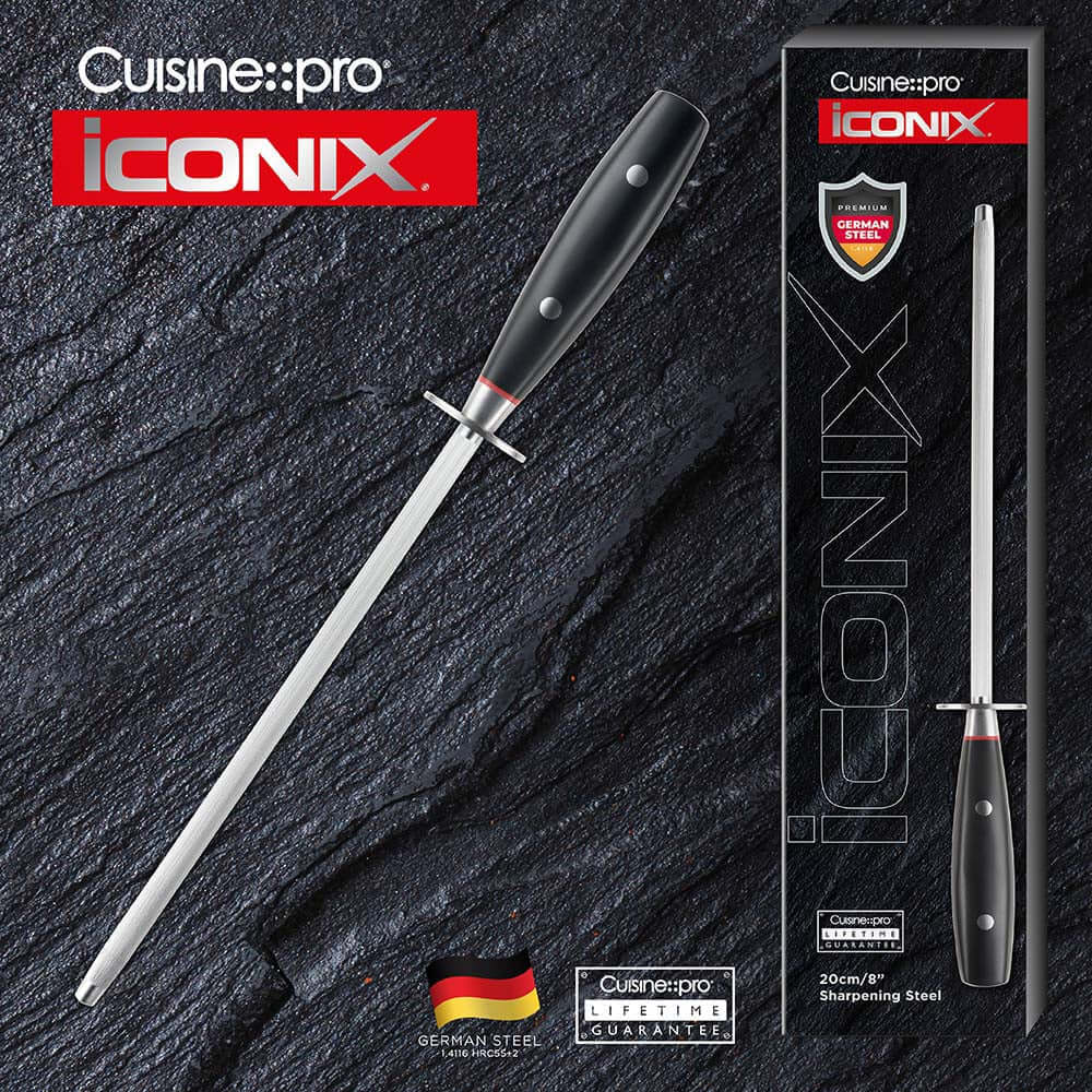 Cuisine::pro® iconiX® 20cm 8" Sharpening Steel, high-performance German Stainless Steel kitchen knife sharpener in packaging.