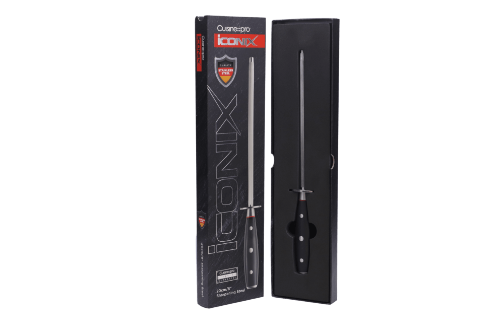 Cuisine::pro® iconiX® Sharpening Steel 20cm in packaging, designed to maintain the quality of kitchen knives, made from German Stainless Steel.