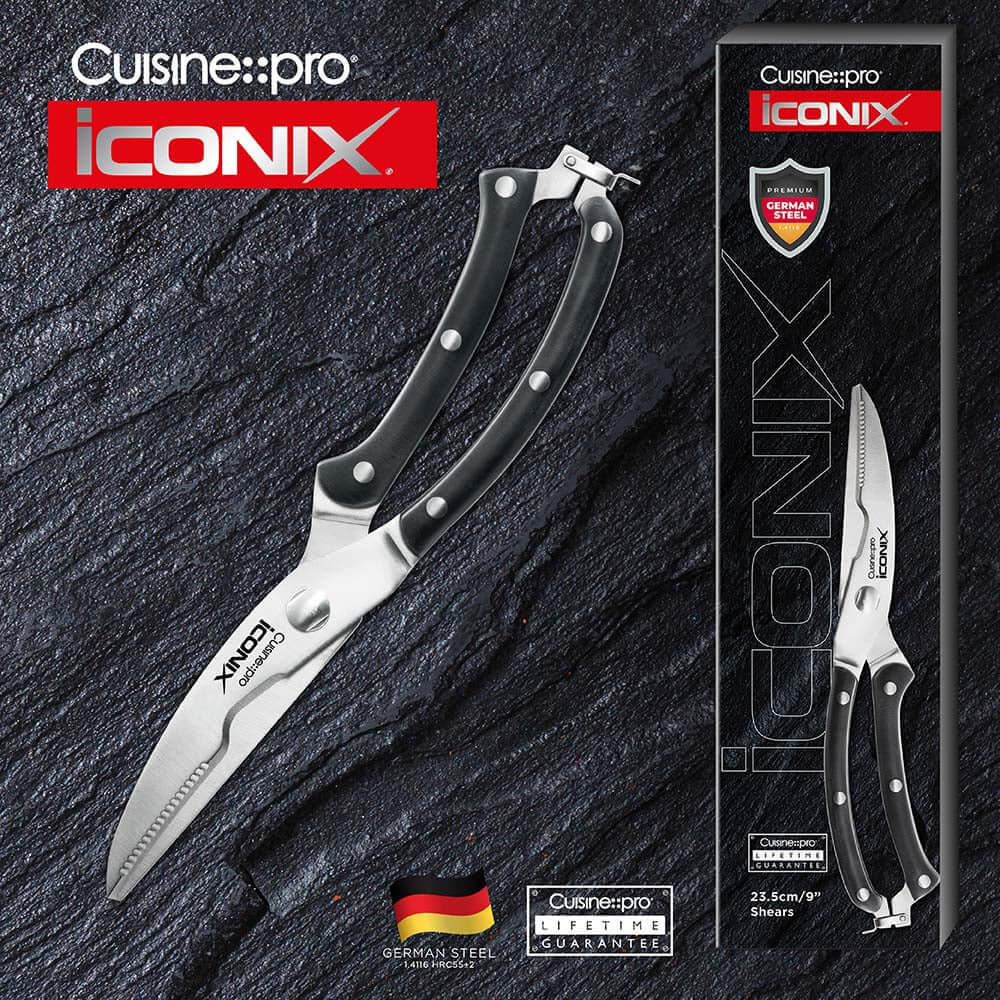 Cuisine::pro® iconiX® Shears 23.5cm 9in with packaging on dark textured background, premium German stainless steel, versatile kitchen tool.