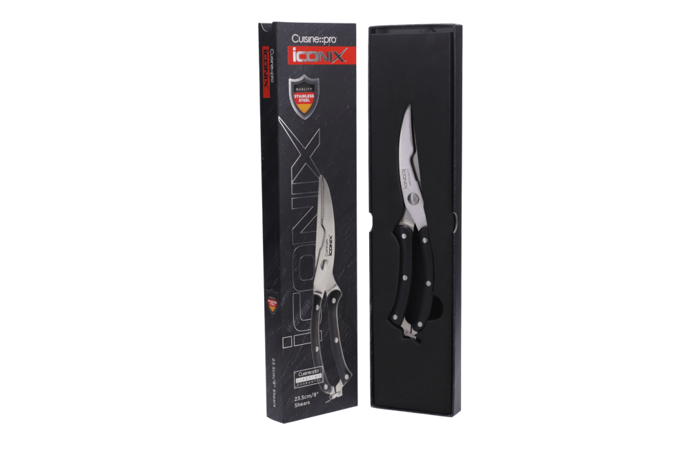 Cuisine::pro® iconiX® Shears 23.5cm 9in in packaging with German Stainless Steel blades displayed in black case.