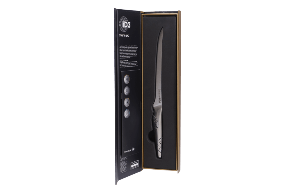 Cuisine::pro® iD3® Filleting Knife 20cm 8" with packaging, featuring a flexible, thin blade designed for precise meat filleting.