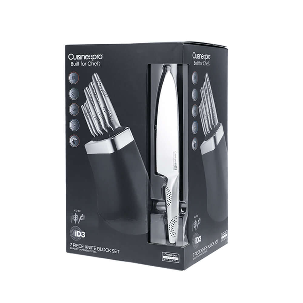 Cuisine::pro® iD3® Kobe 7 Piece Knife Block Set in packaging with Japanese steel knives and magnetic blade slots.