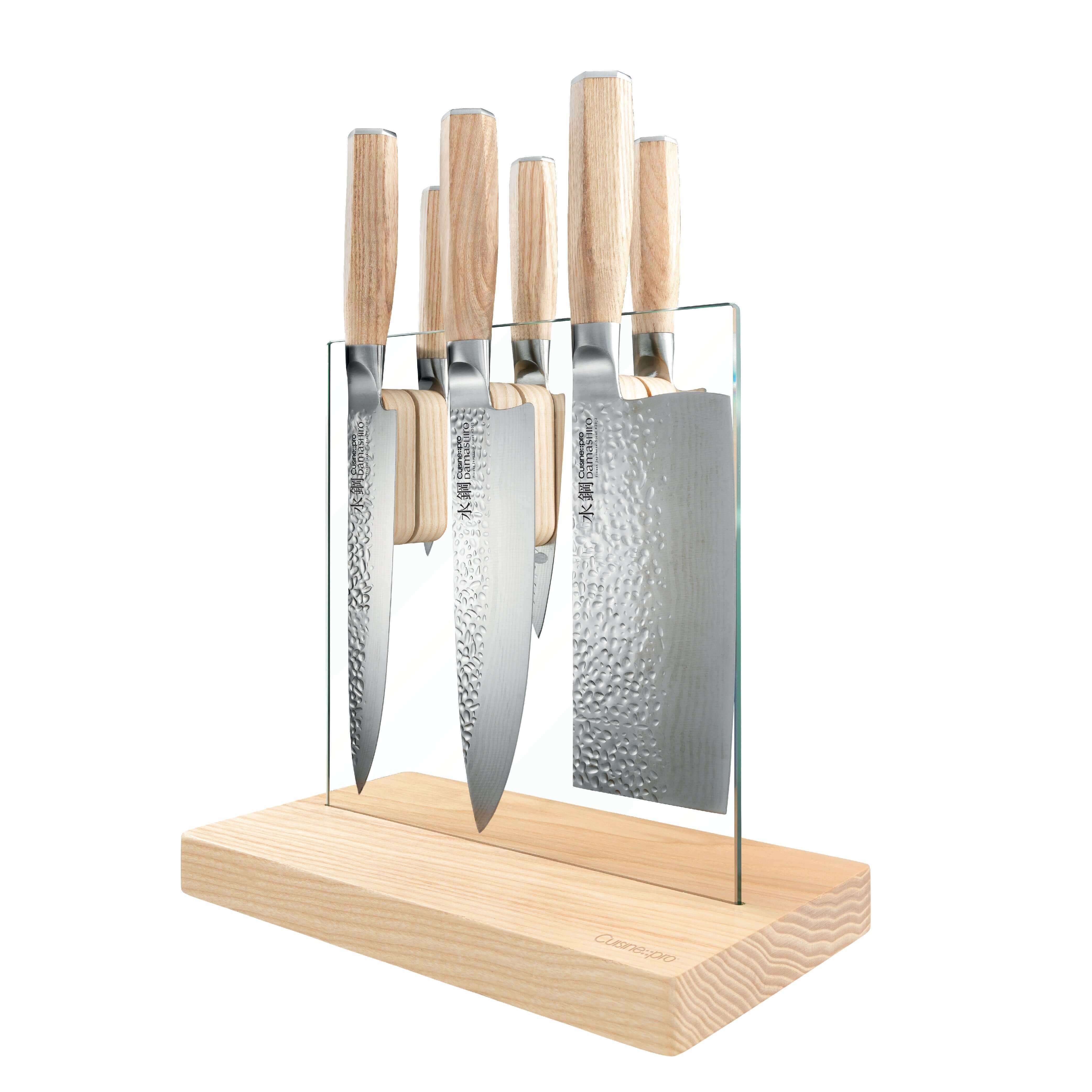 Cuisine::pro® Damashiro® EMPEROR Hikari 7 Piece Knife Block with Ash wood handles and tempered glass block display.