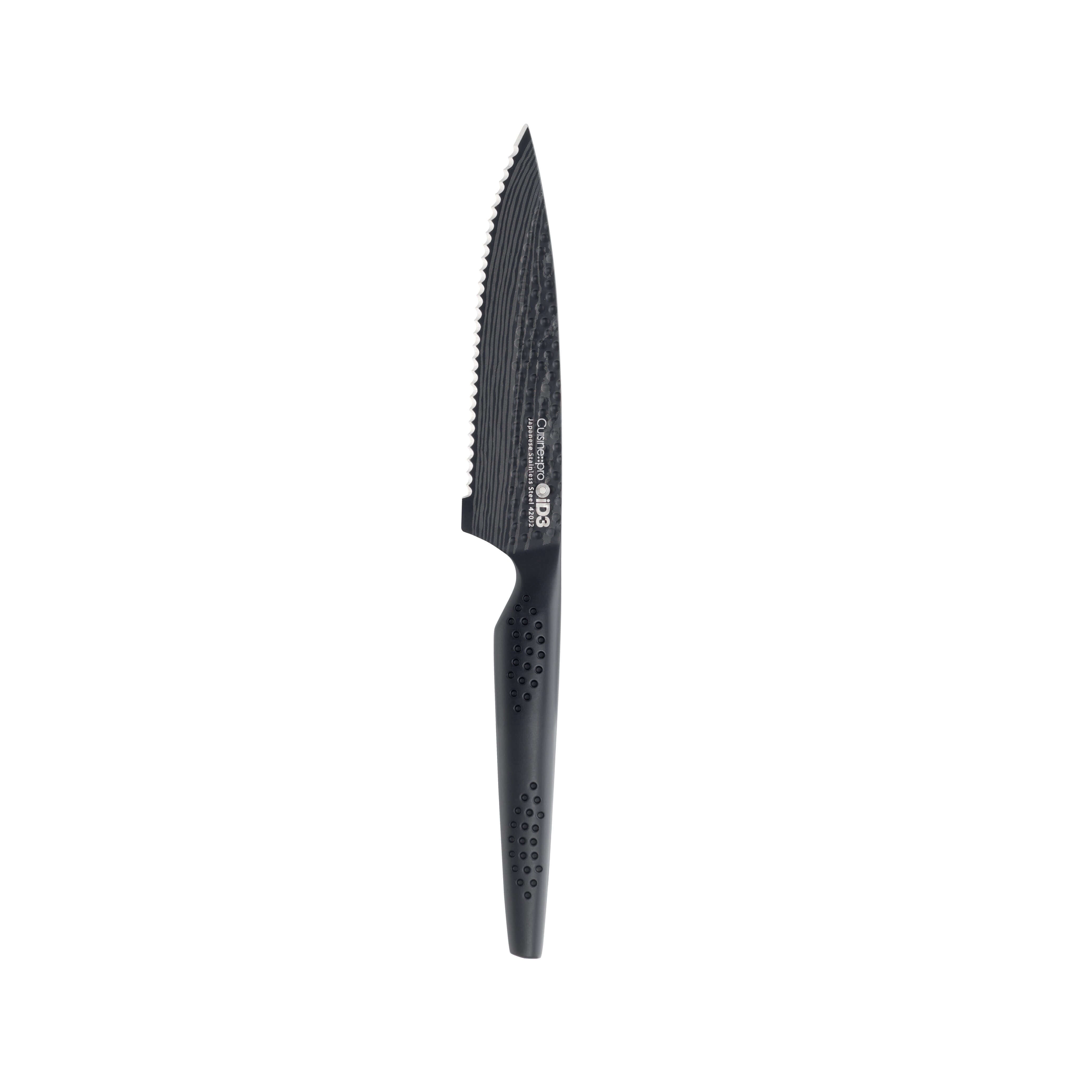 Cuisine::pro® iD3® BLACK SAMURAI™ Steak Knife with serrated edge for precision meat cutting.