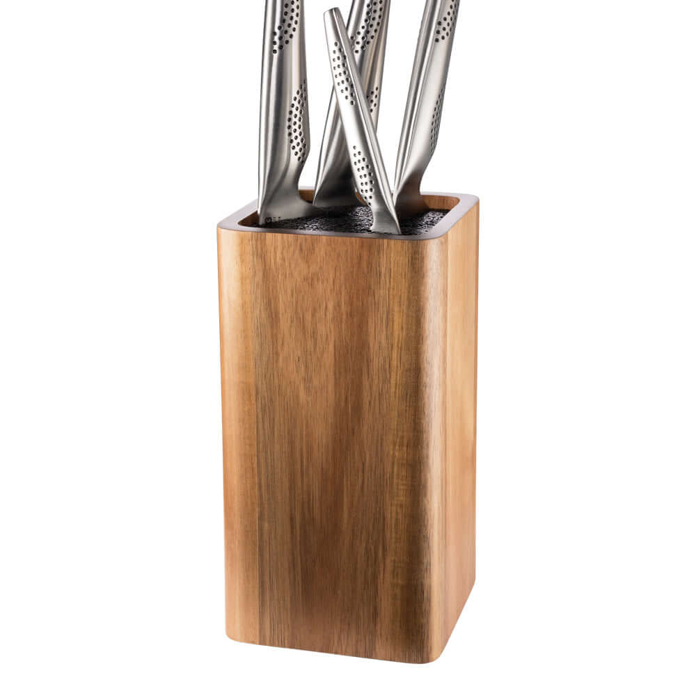 Cuisine::pro® UNIVERSAL Square Acacia Knife Block with stainless steel knives for secure kitchen storage and knife sharpness maintenance.