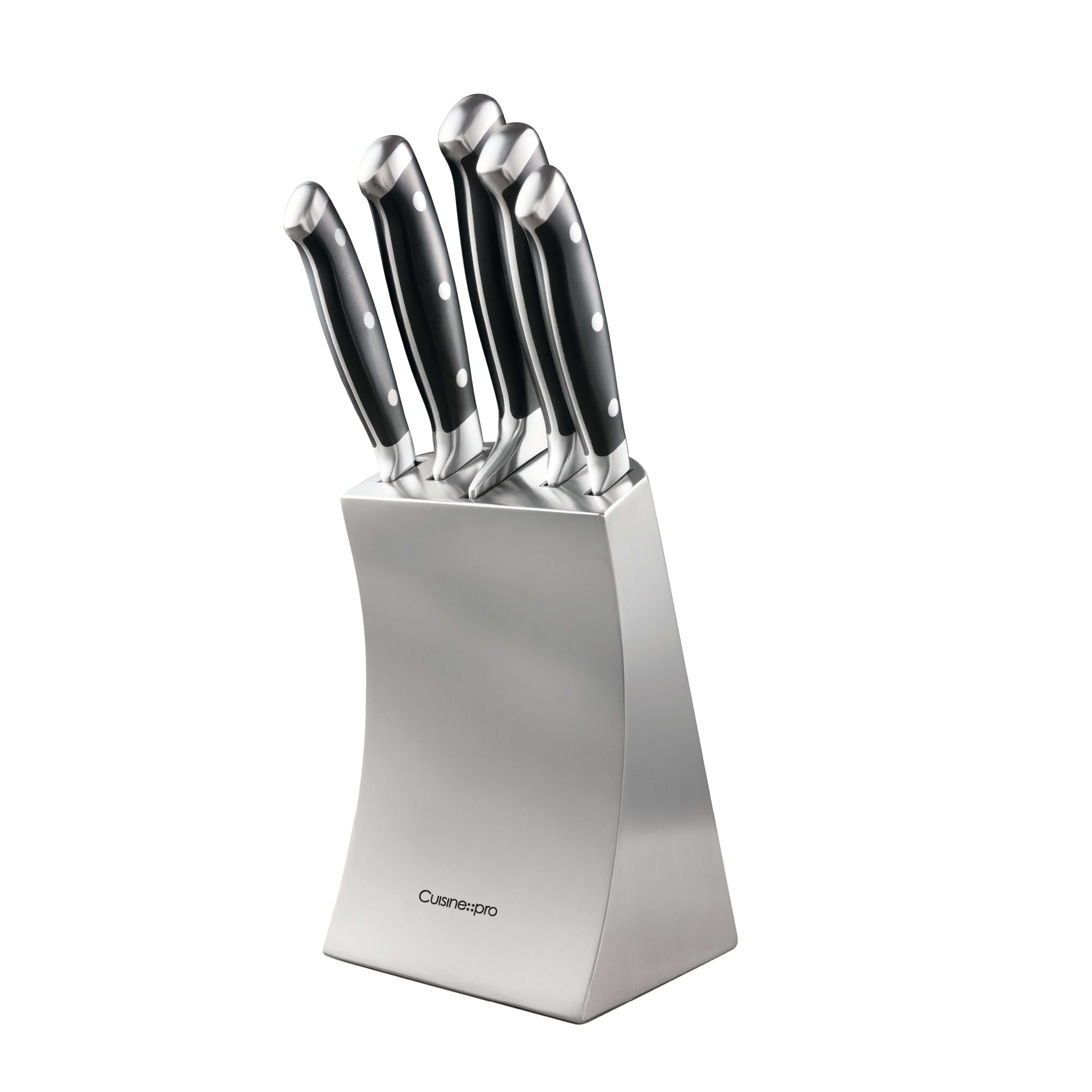 Cuisine::pro® Artisan™ Seto 6PC Knife Block featuring ergonomic black handles and sleek stainless steel blades in a modern block.