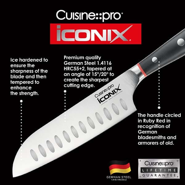 Cuisine::pro iconiX Utility Knife with curved blade, German steel, ice hardened, and Ruby Red handle for chefs, includes lifetime guarantee.