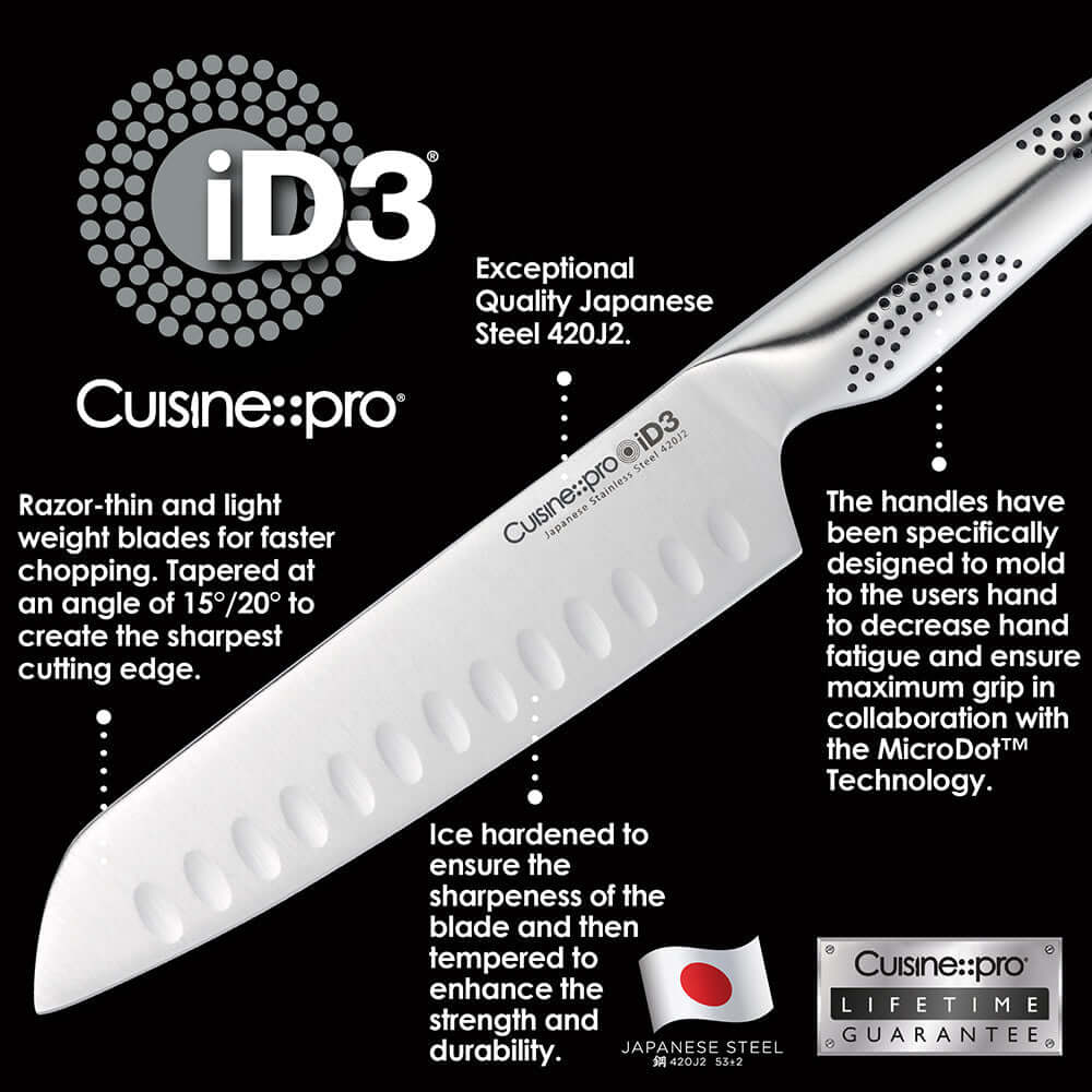 Cuisine::pro® iD3® knife featuring exceptional quality Japanese steel, MicroDot™ Technology, tapered sharp edge, and lifetime guarantee.